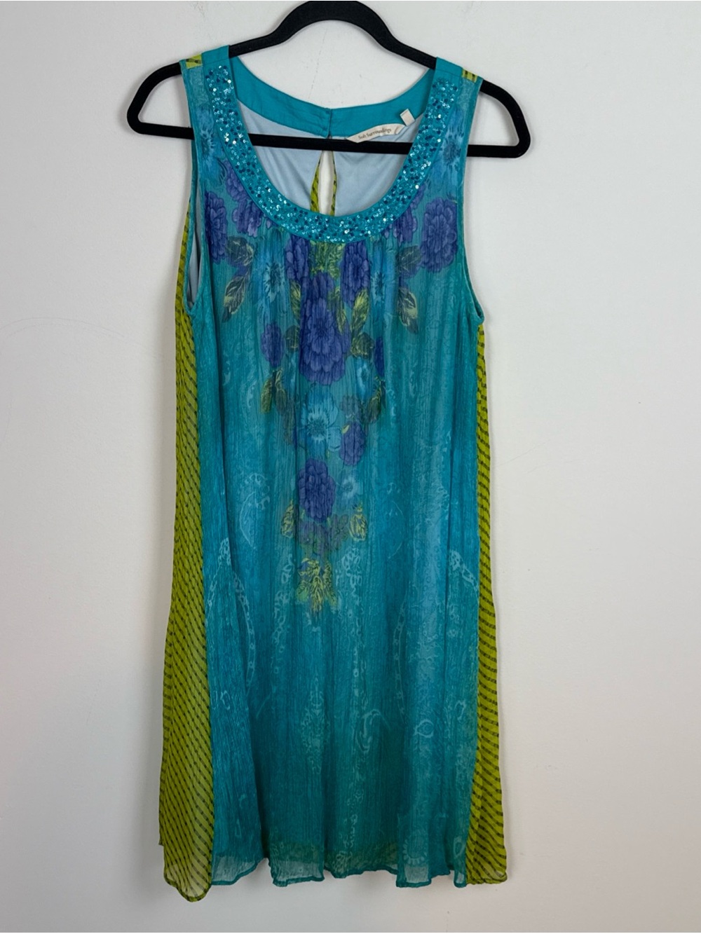 Soft Surroundings Blue Green Floral Color Block Print Sequin Shift Swing Dress L